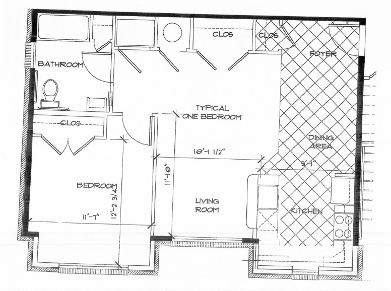 Floor plan for 1 bed, 1 bath, 882 sqft